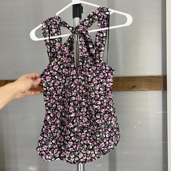NWT Zara Floral Twist Neck Halter Blouse Tank Top Purple Black Green‎ White Sz S - Picture 2 of 8